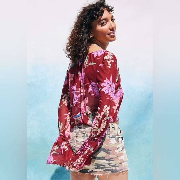 Free People Red Floral Print of Paradise Mesh Tie Front Crop Top Bell Sleeve - Picture 3 of 12